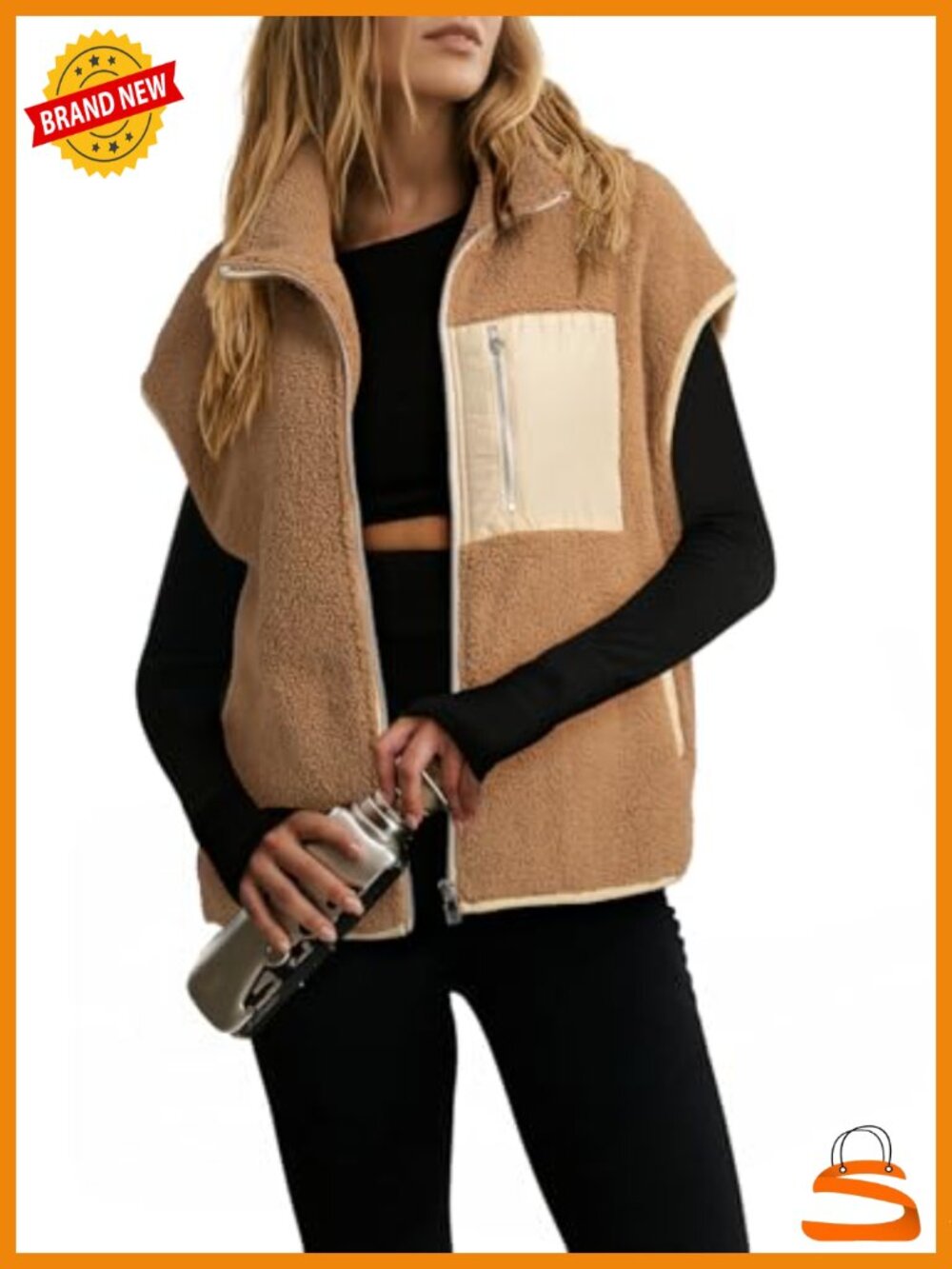 Sherpa Fleece Zip Up Vest Oversized Casual Layering Jacket